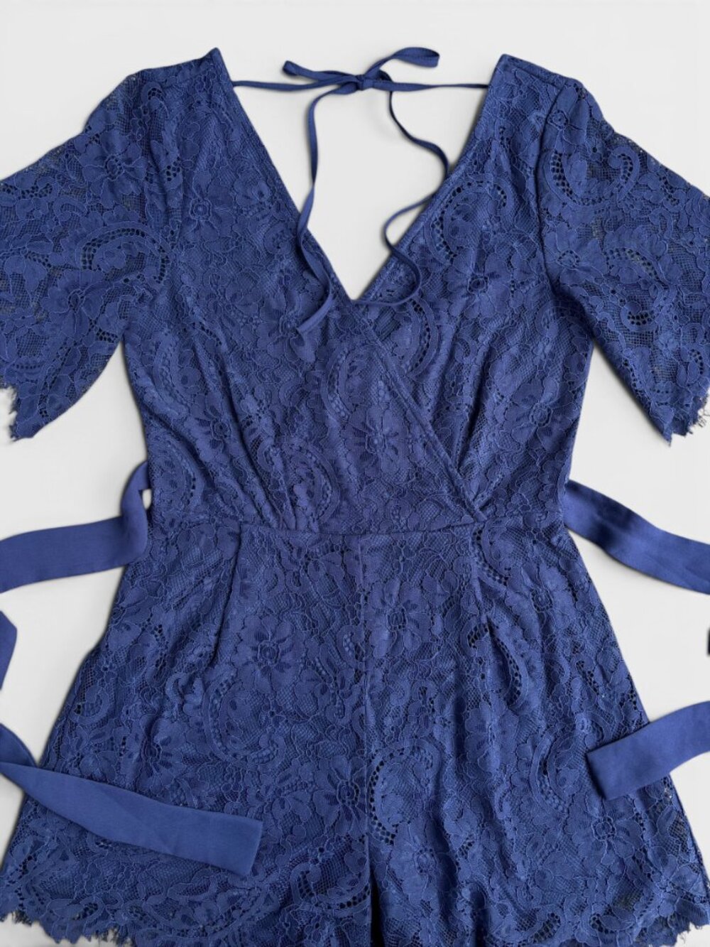 Blue Rain Navy Blue Lace Romper Wrap Front Tie Waist Flutter Sleeve Size Small - Picture 8 of 16